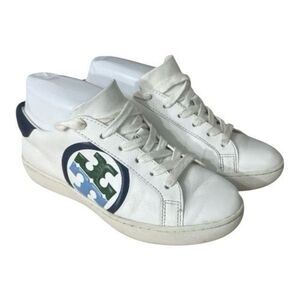 Tory Burch Leigh Green Blue T Logo Women Sneakers Size 5.5M White Leather Upper